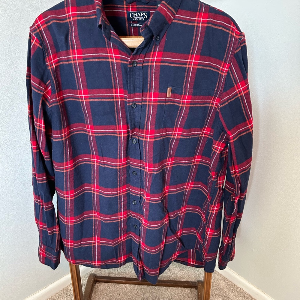 Chaps Men's Casual Navy and Red Plaid Shirt
